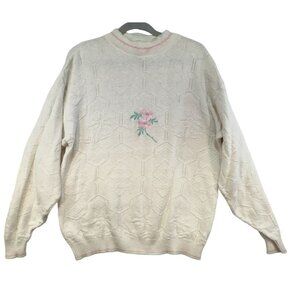Frankenmuth Woolen Mill Womens Grannycore Sweater Size L Cream Pink Floral Embro